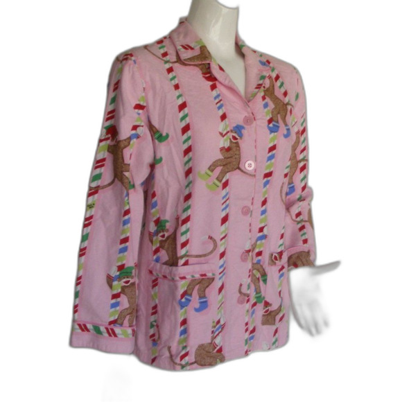 NICK & NORA Pajama Top, M, Pink, Sock Monkeys Climbing Peppermint striped poles - Picture 2 of 10